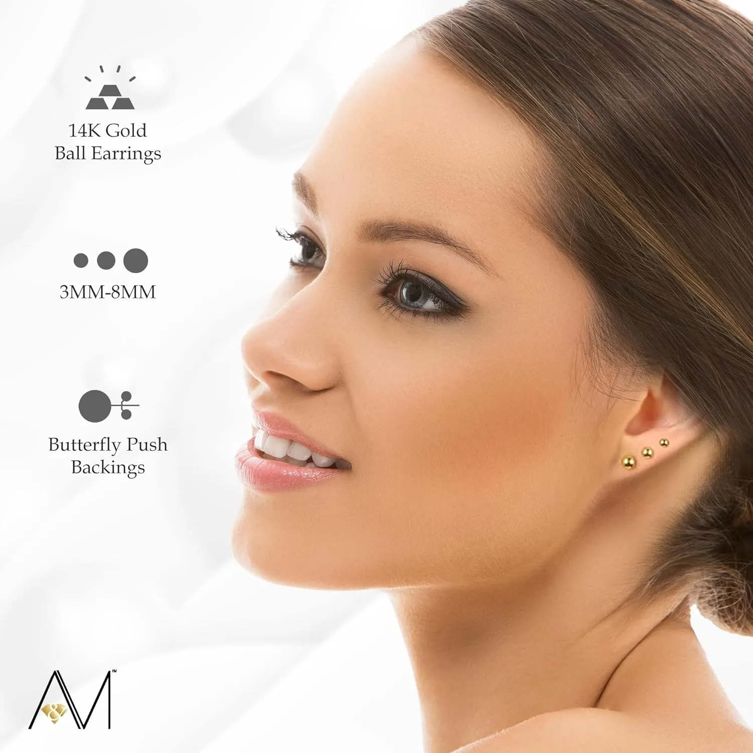 A&M 14k Gold Ball Stud Earrings - Lightweight Gold Studs Earrings for Women - Comfortable for Daily Wear Hypoallergenic Earrings with Secure Post Back - Sizes 3MM8MM