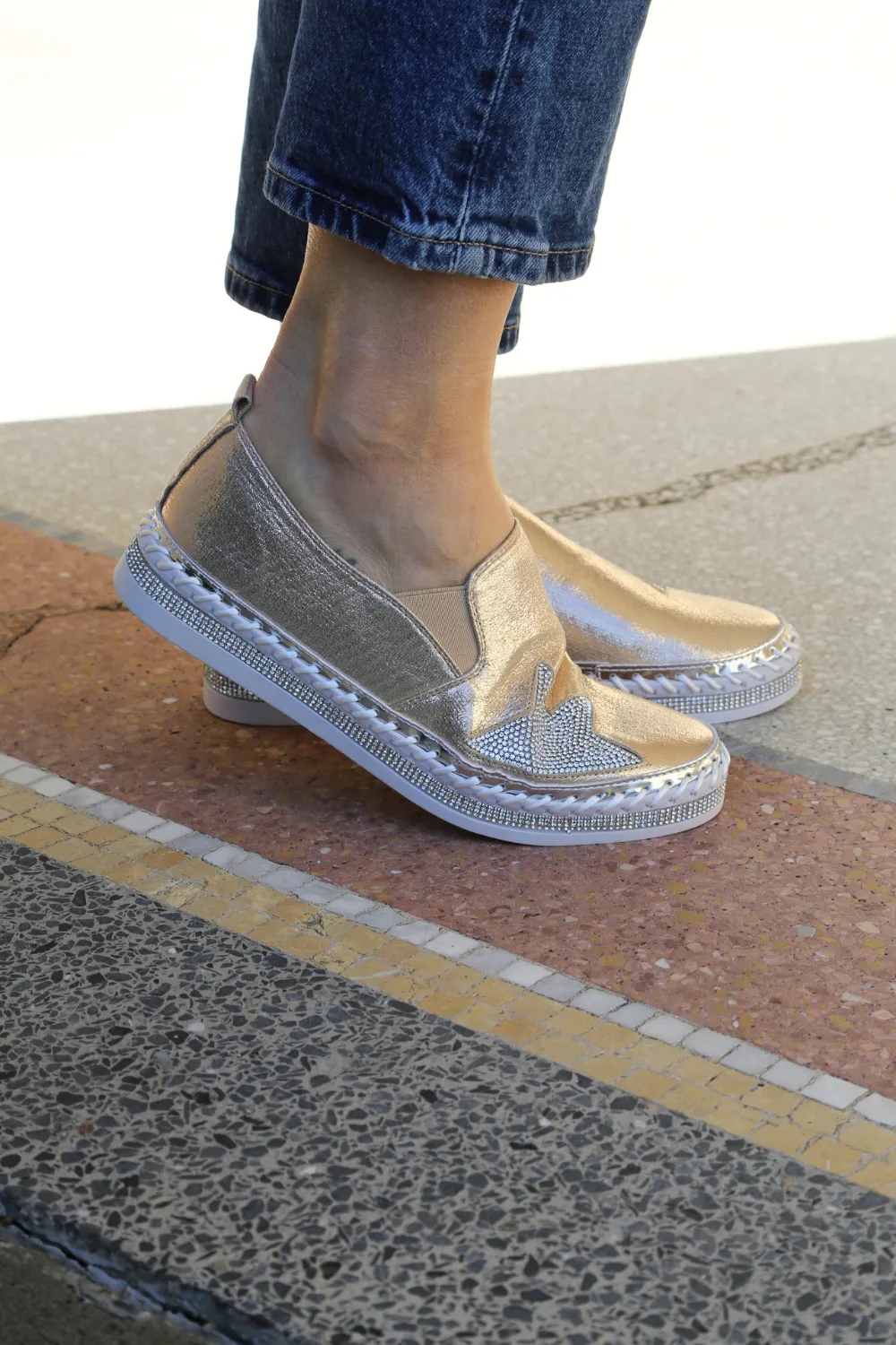 ARIANNE Champagne Leather Star Slip-Ons