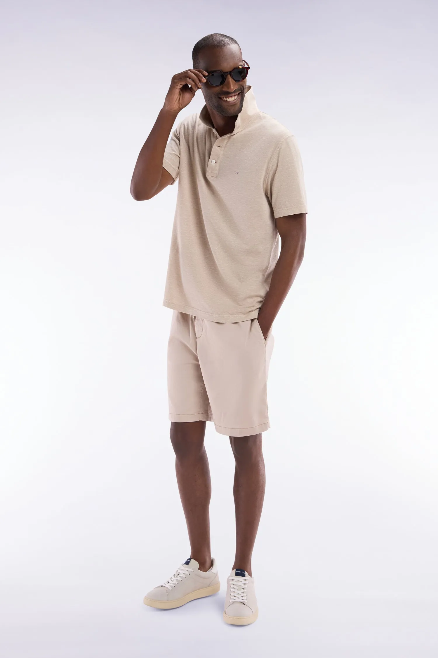 Bermuda à taille élastiquée en lyocell et coton stretch beige