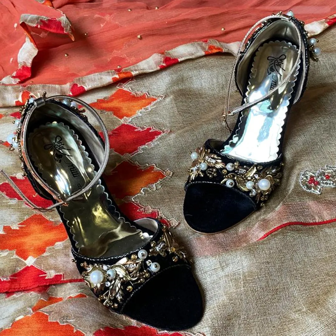 Black Open Toe Fancy High Heel Sandal for Women's