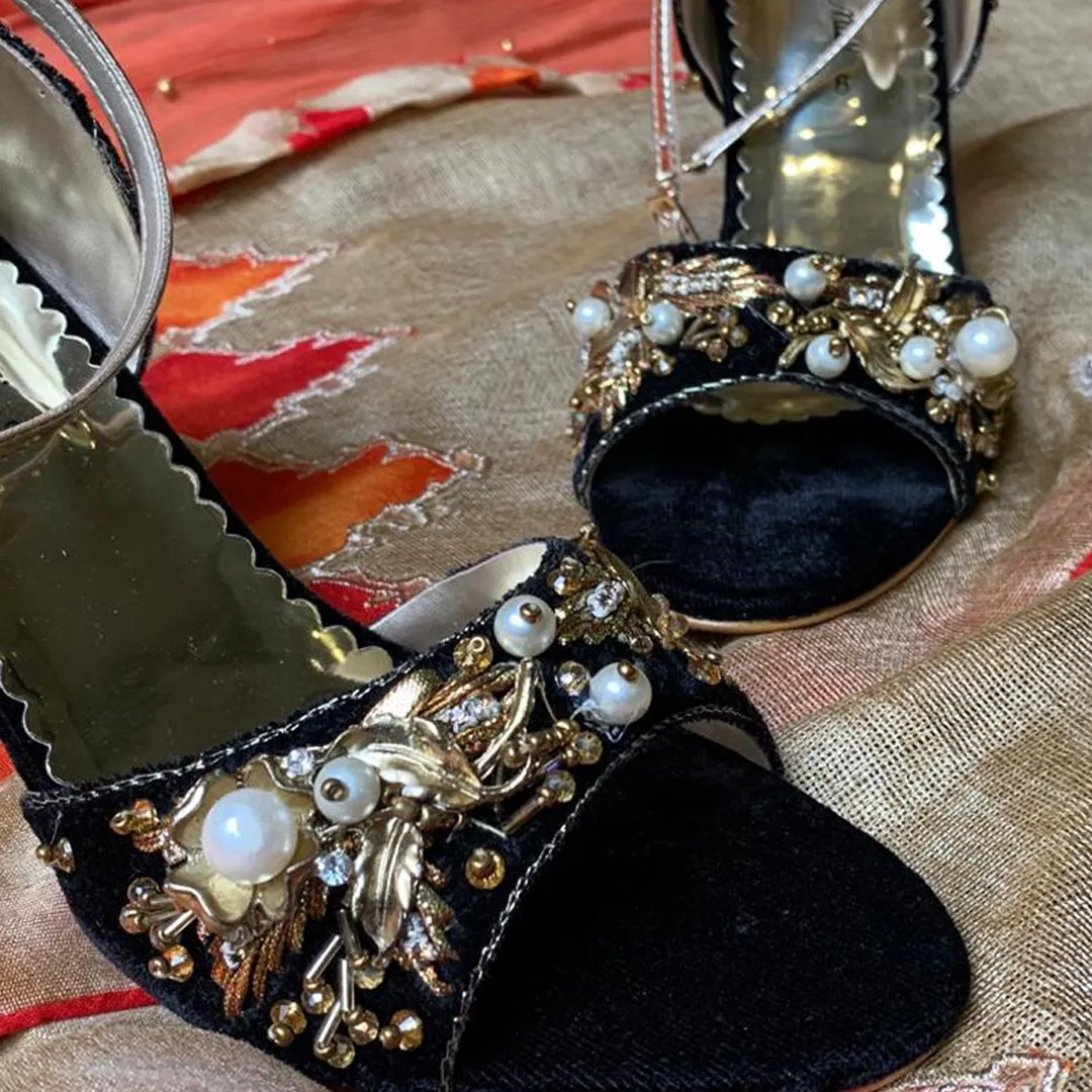 Black Open Toe Fancy High Heel Sandal for Women's