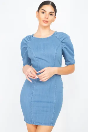 Chic Denim Mini Dress with Short Puff Sleeves
