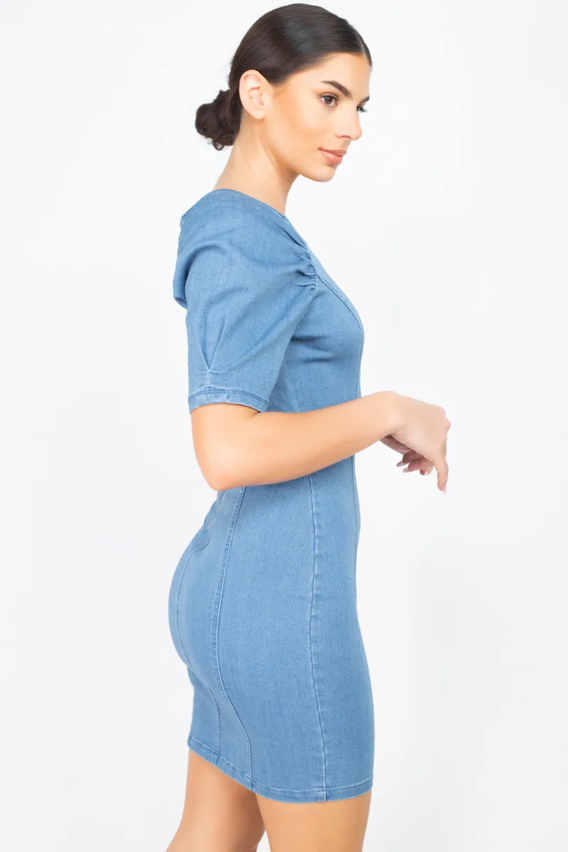 Chic Denim Mini Dress with Short Puff Sleeves