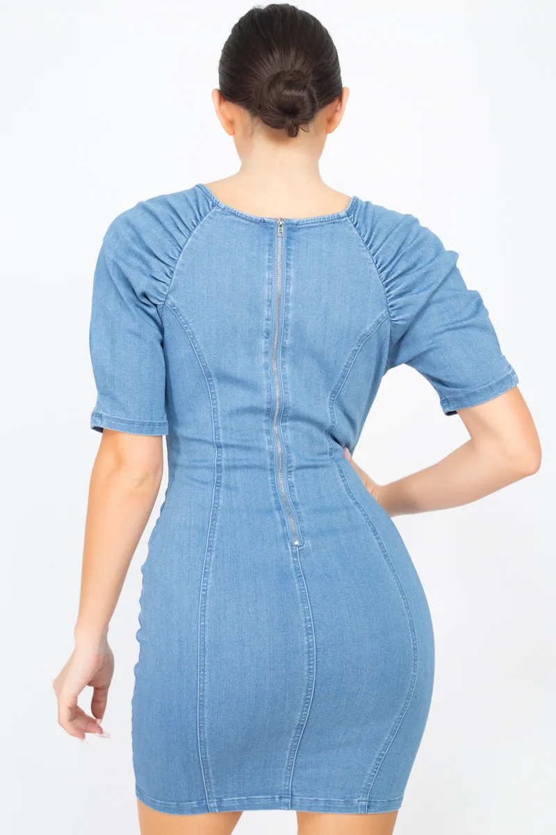 Chic Denim Mini Dress with Short Puff Sleeves