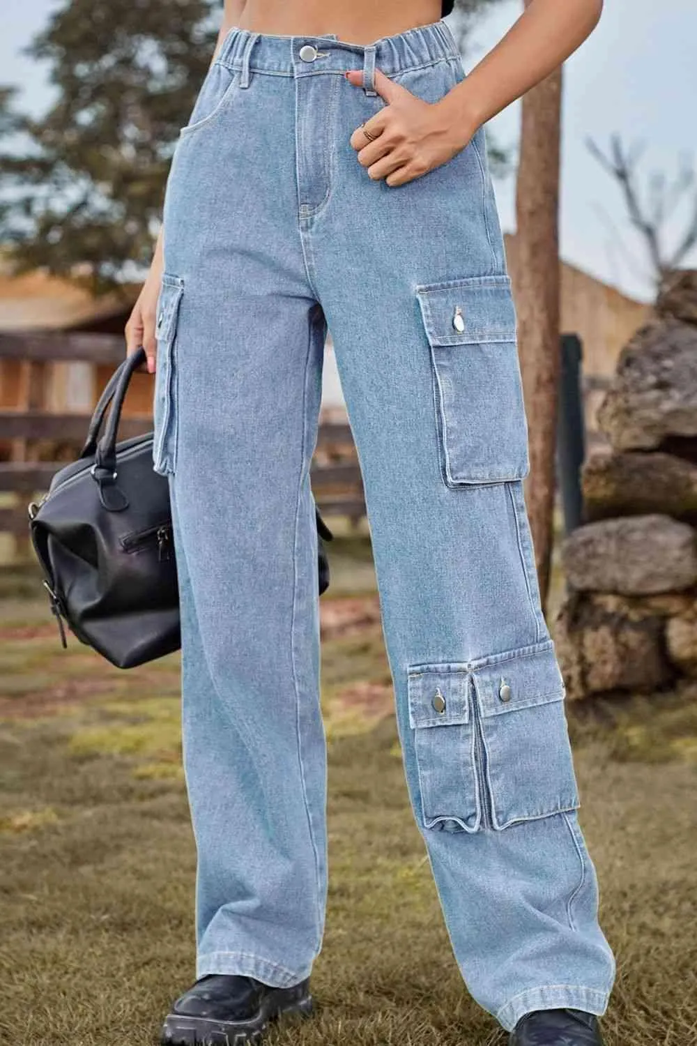 Chic Utilitarian Flap Pocket Cargo Jeans