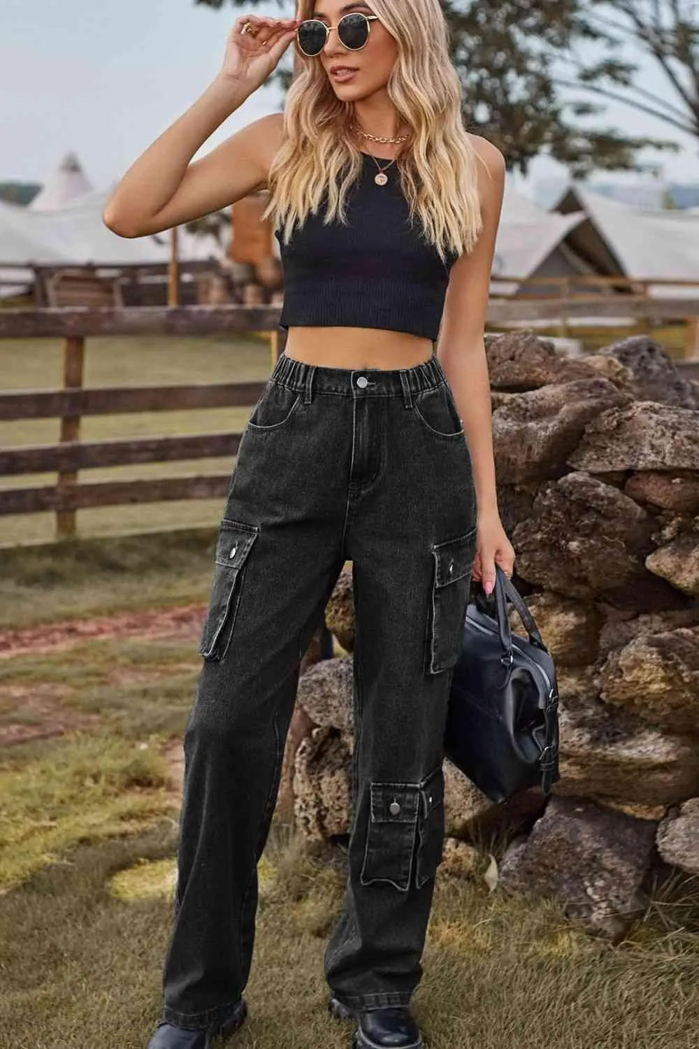 Chic Utilitarian Flap Pocket Cargo Jeans