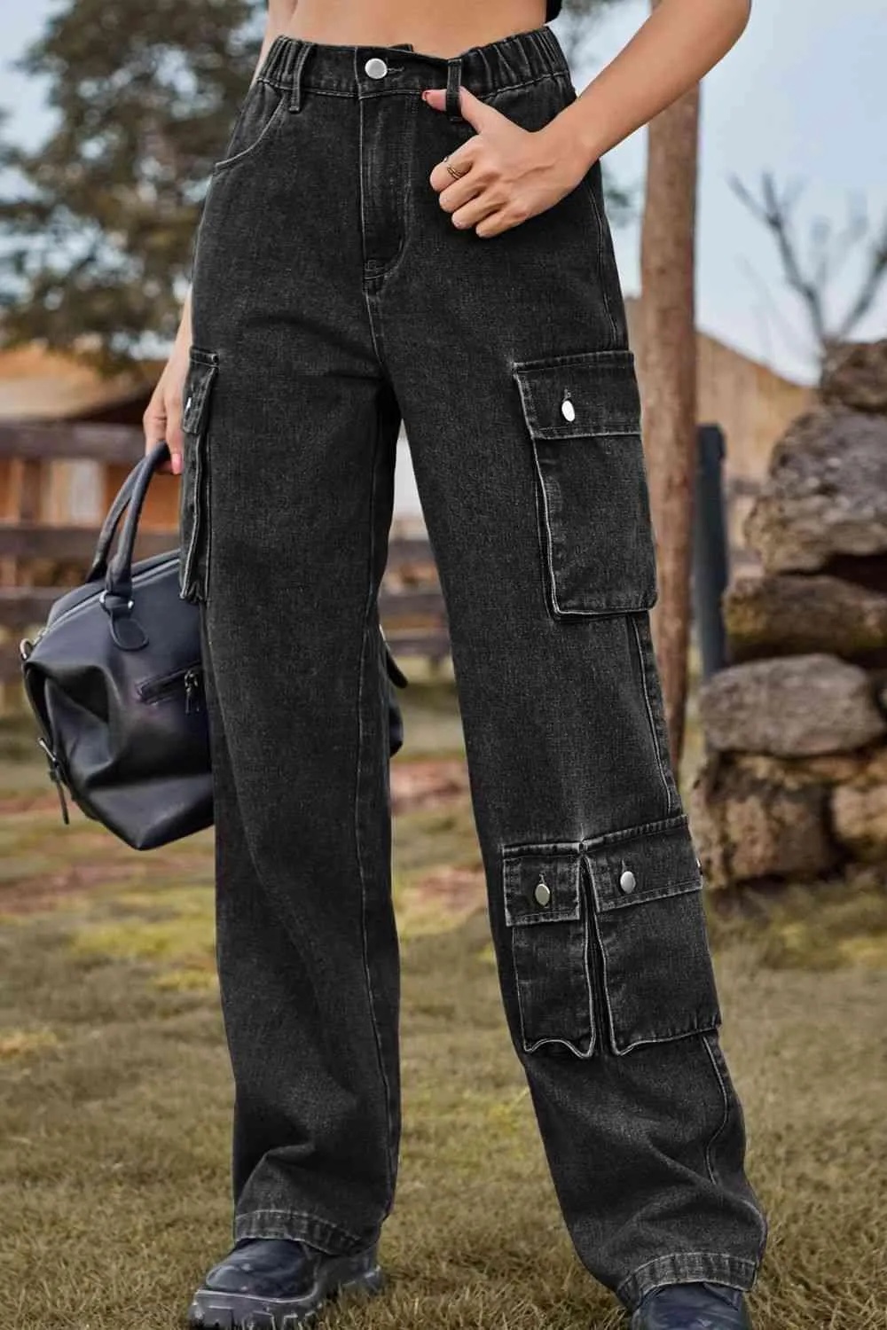 Chic Utilitarian Flap Pocket Cargo Jeans