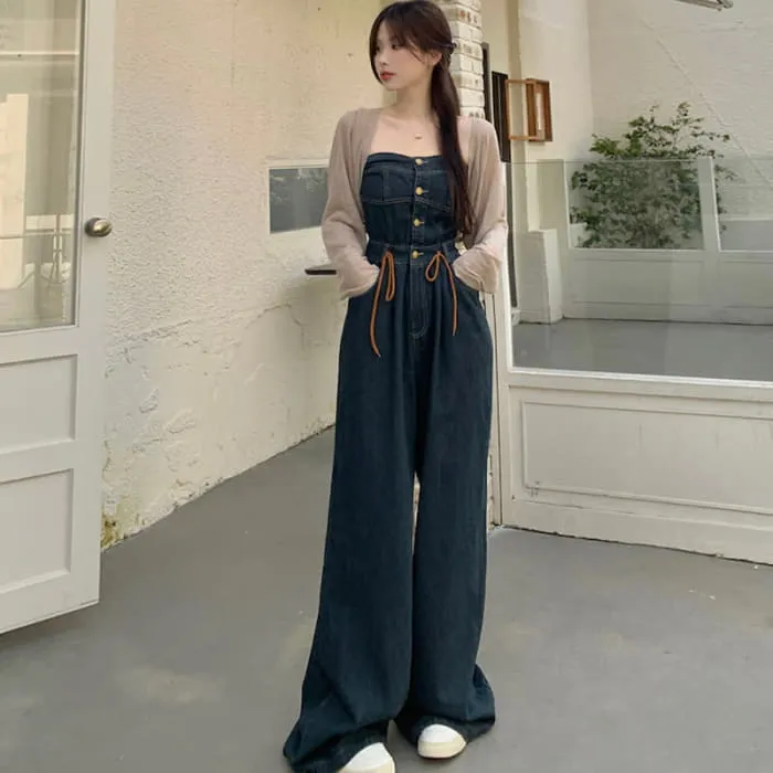 Elegant Knit Cardigan Off The Shoulder Denim Overalls