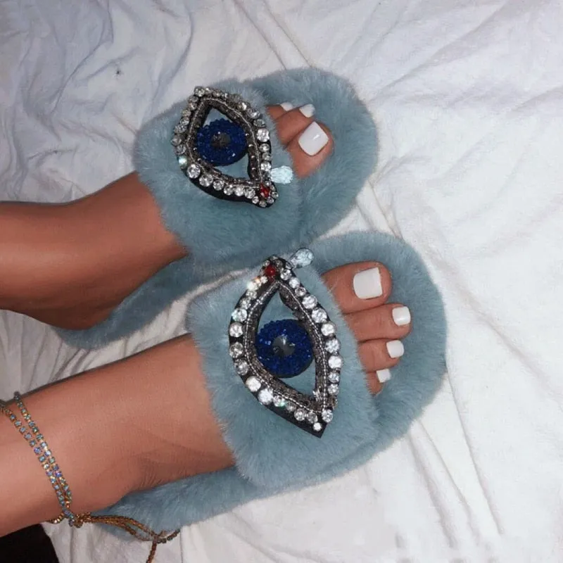 Evil Eye Comfortable Faux Fur Sandal