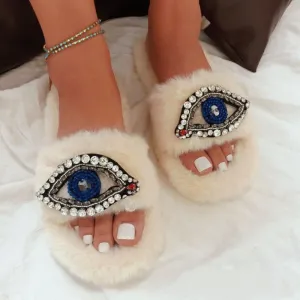 Evil Eye Comfortable Faux Fur Sandal