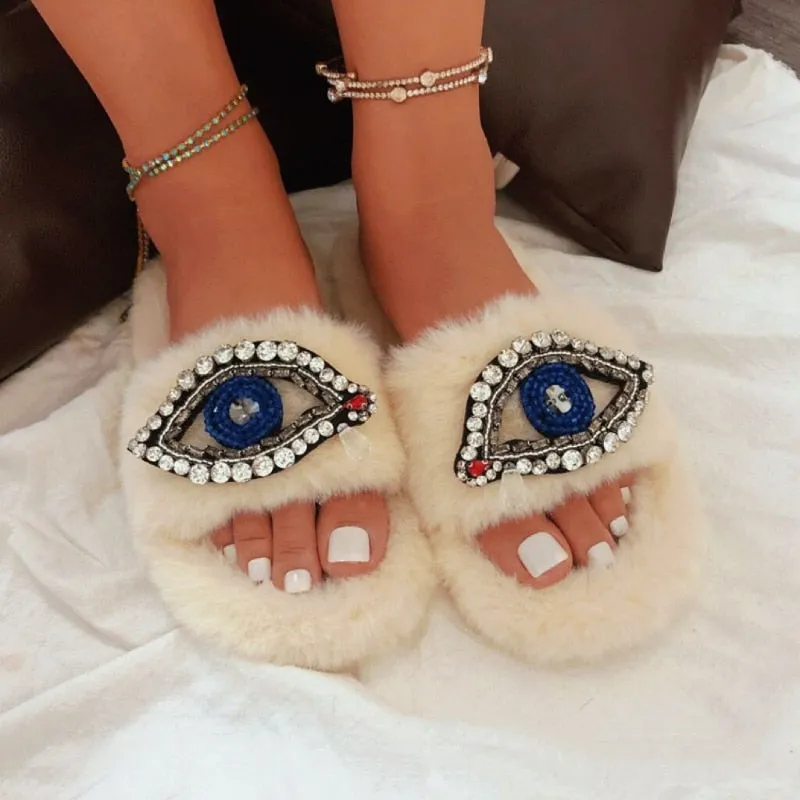 Evil Eye Comfortable Faux Fur Sandal
