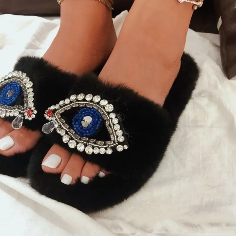 Evil Eye Comfortable Faux Fur Sandal