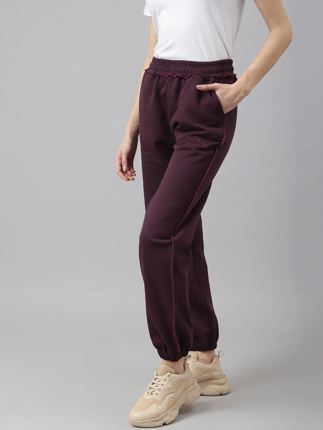 Fitkin Women Purple Solid Oversized Designer Fleece Jogger Pants