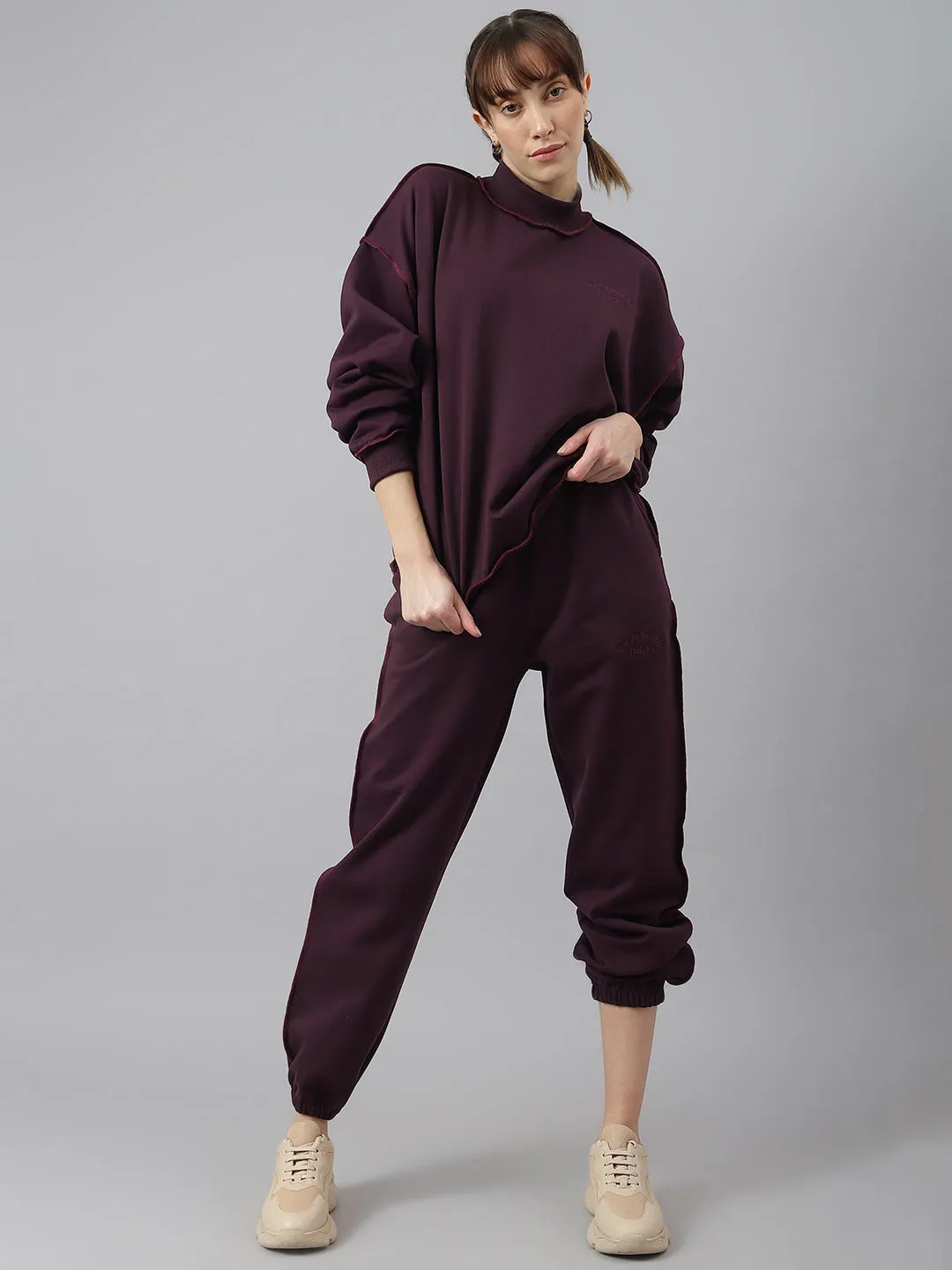 Fitkin Women Purple Solid Oversized Designer Fleece Jogger Pants