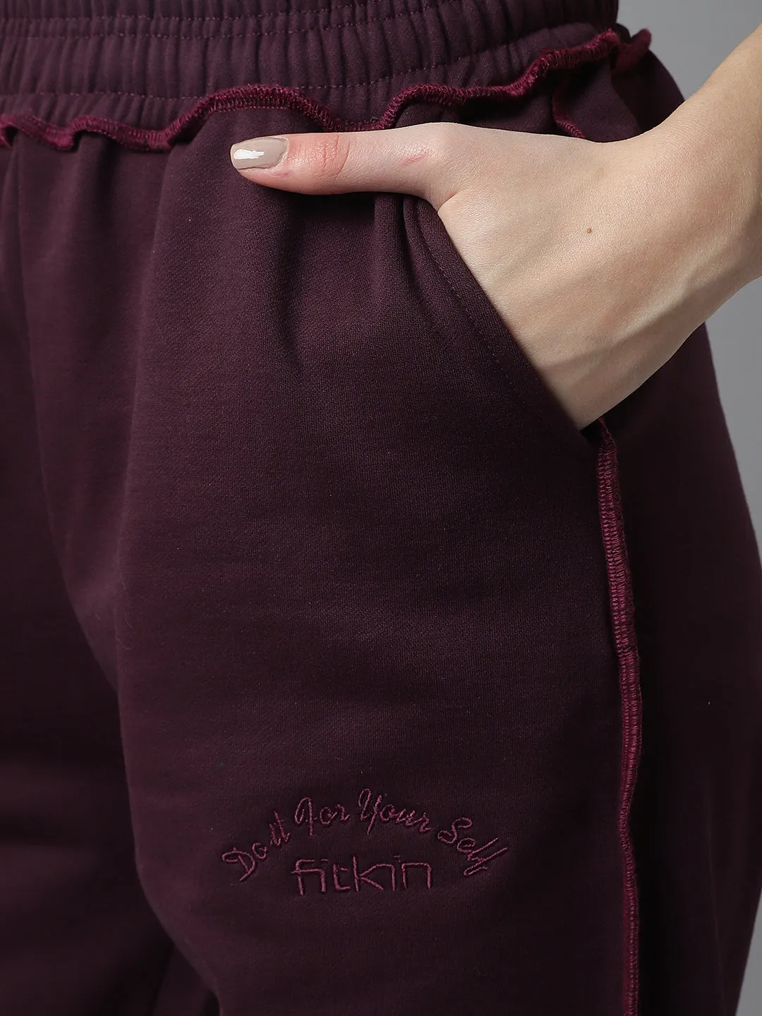 Fitkin Women Purple Solid Oversized Designer Fleece Jogger Pants