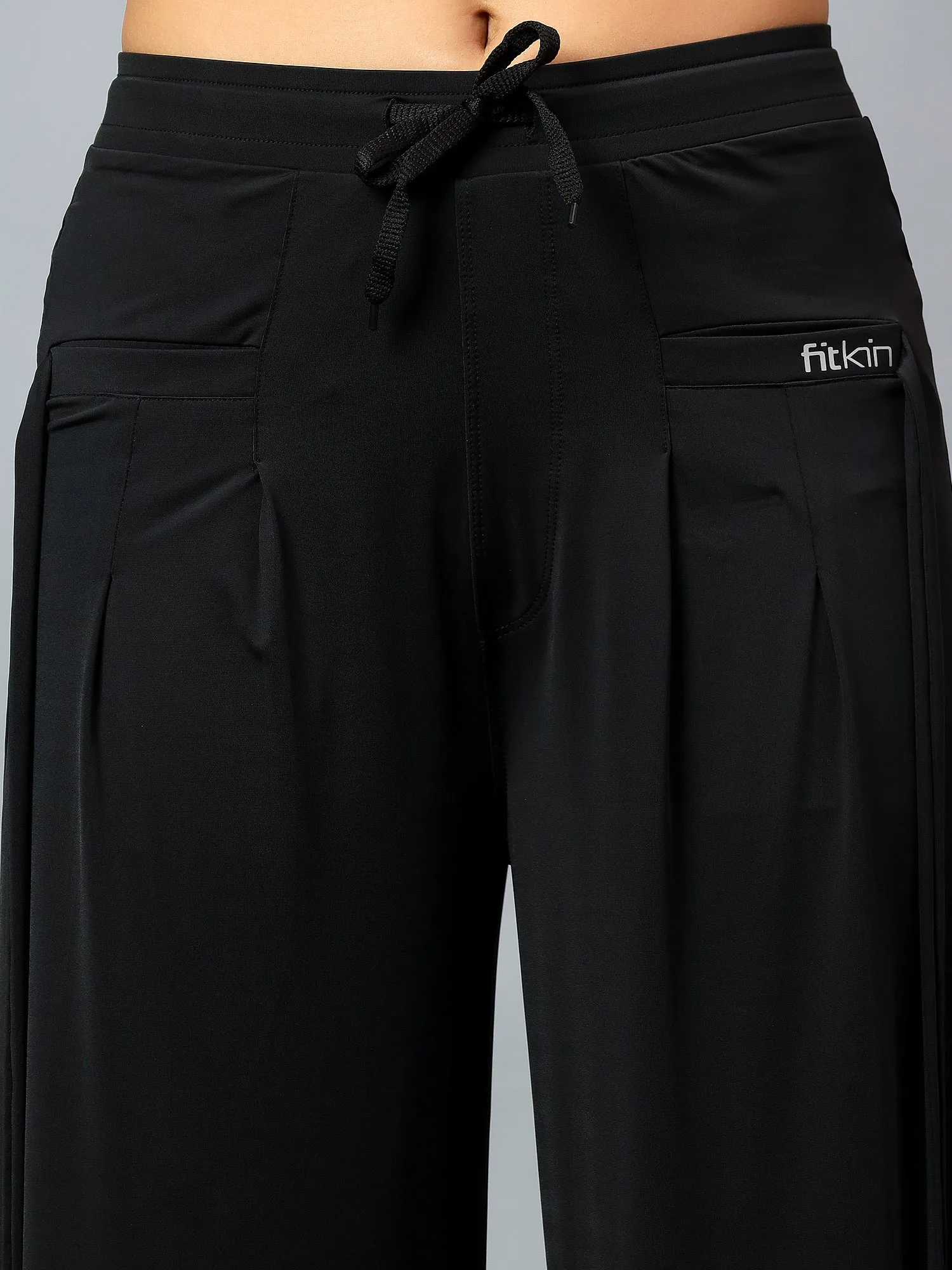Fitkin Women's Black Relaxed Fit Pleated Bootcut Trackpant