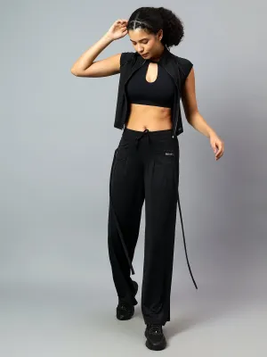 Fitkin Women's Black Relaxed Fit Pleated Bootcut Trackpant