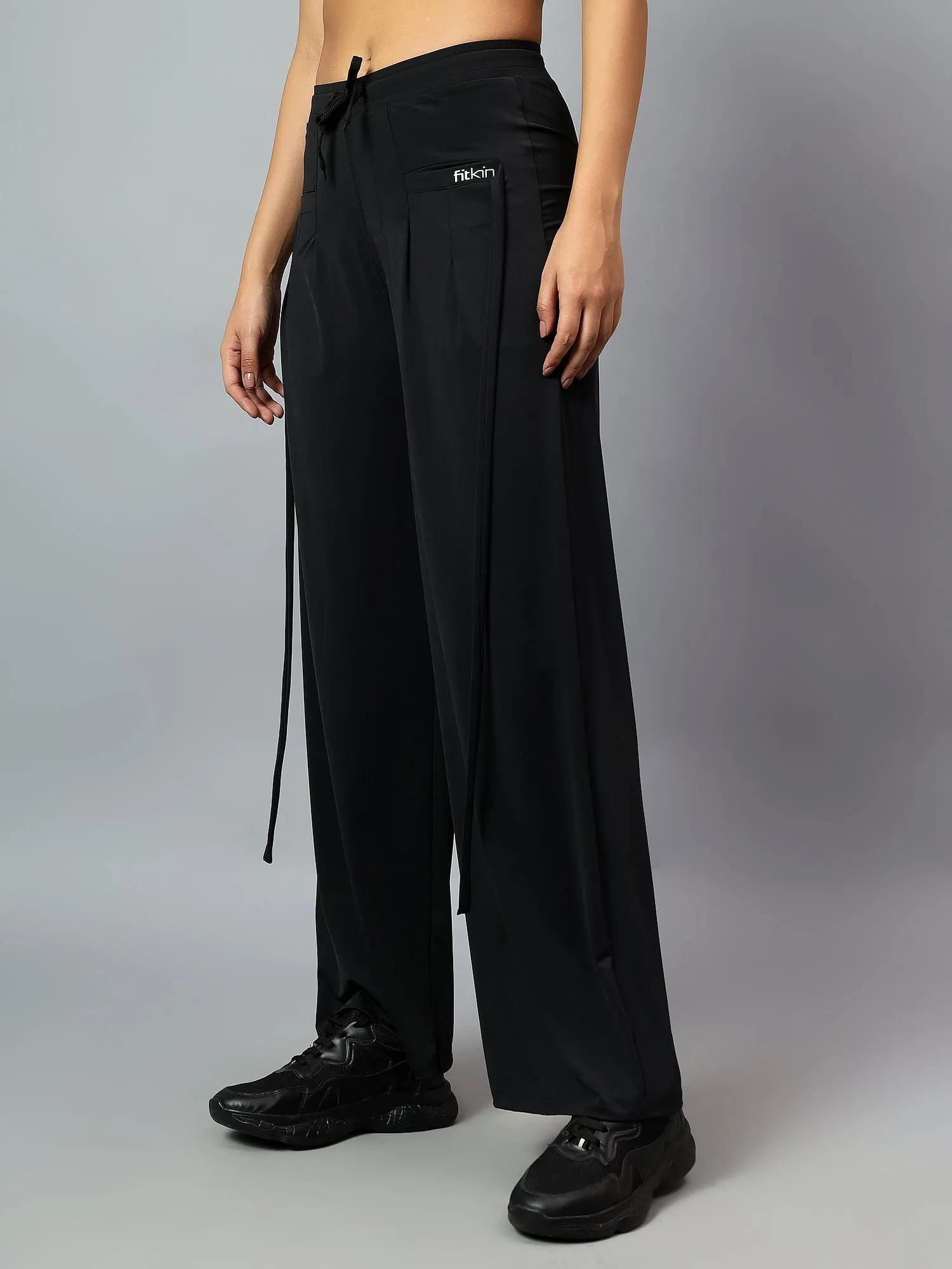 Fitkin Women's Black Relaxed Fit Pleated Bootcut Trackpant