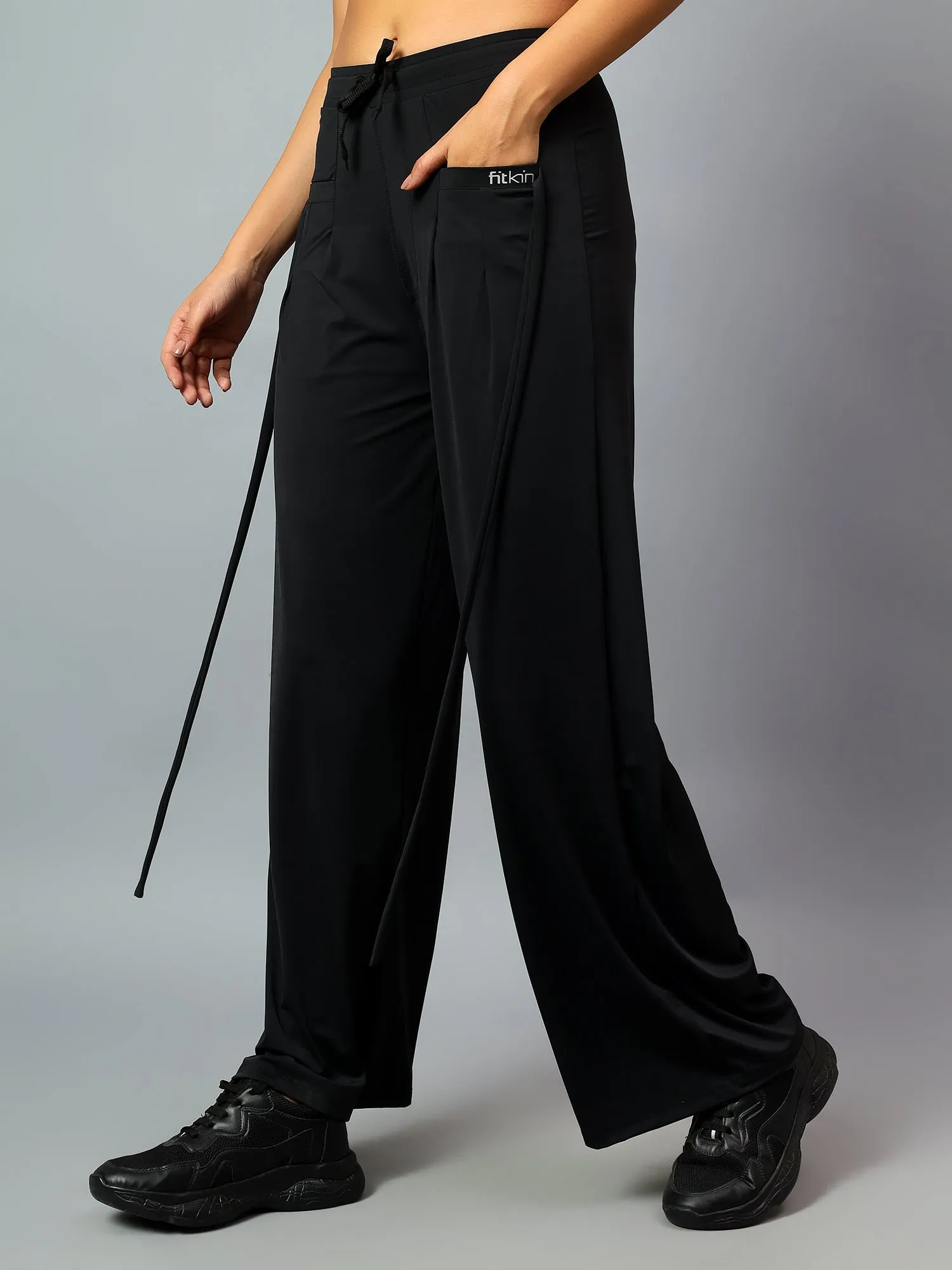 Fitkin Women's Black Relaxed Fit Pleated Bootcut Trackpant