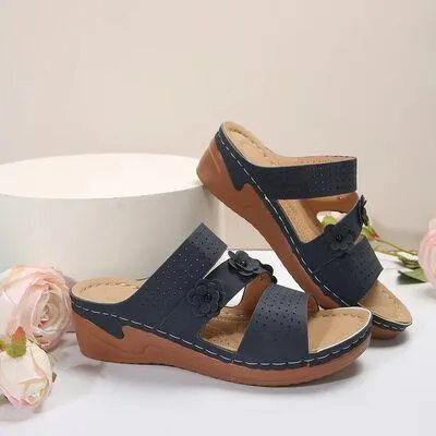 Flower Design PU Leather Wedge Sandals
