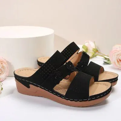 Flower Design PU Leather Wedge Sandals