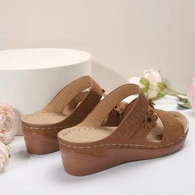 Flower Design PU Leather Wedge Sandals