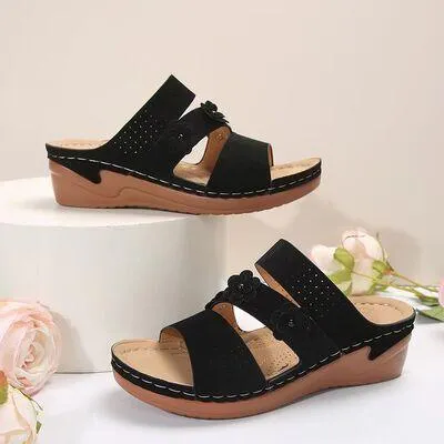 Flower Design PU Leather Wedge Sandals