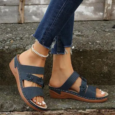 Flower Design PU Leather Wedge Sandals