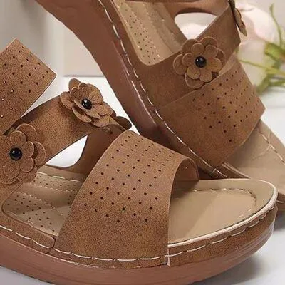 Flower Design PU Leather Wedge Sandals
