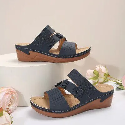 Flower Design PU Leather Wedge Sandals