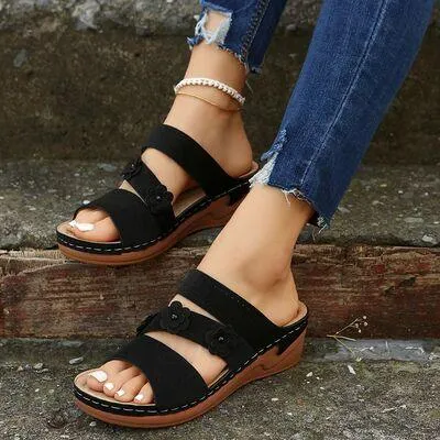 Flower Design PU Leather Wedge Sandals