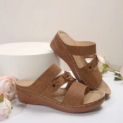 Flower Design PU Leather Wedge Sandals