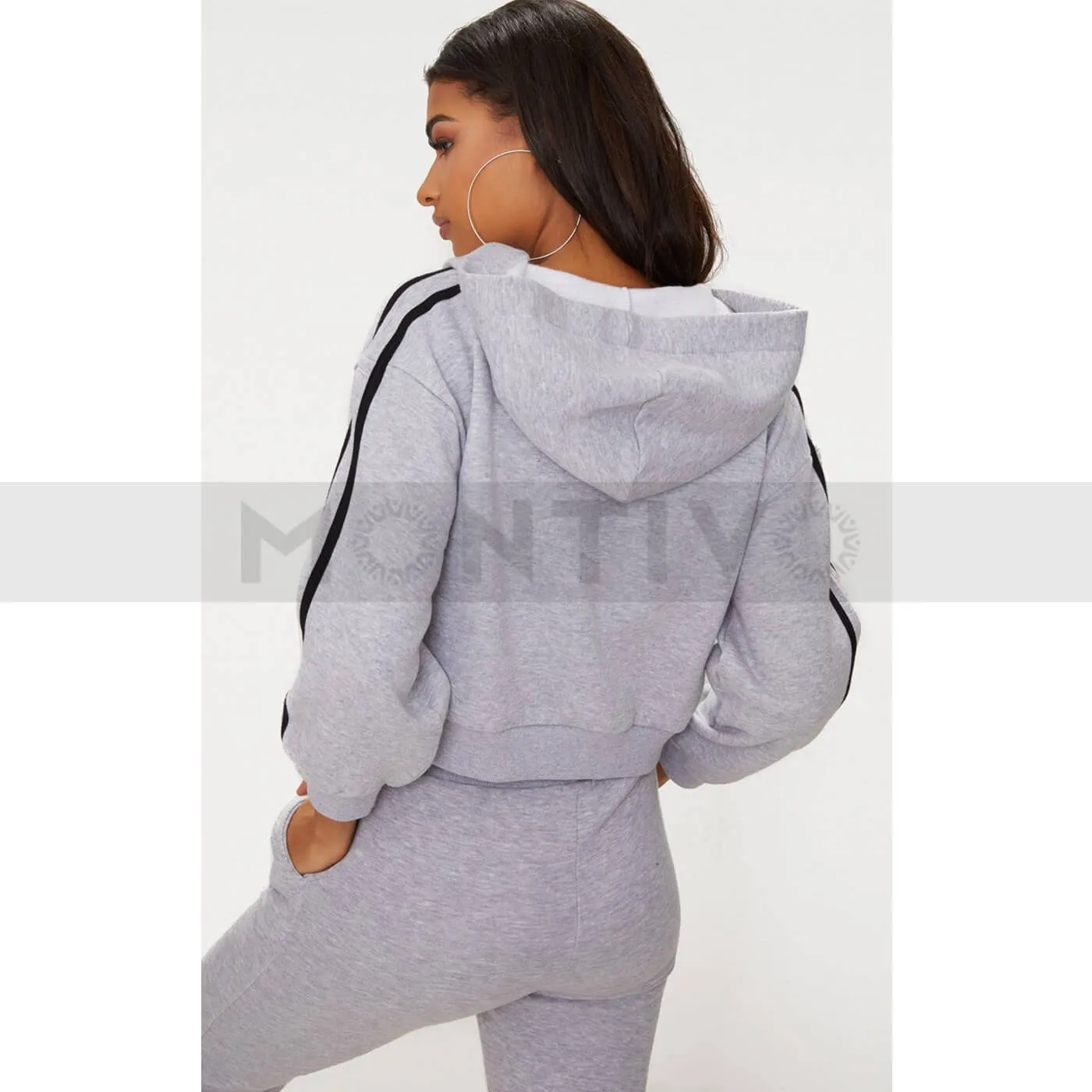 Grey Marl Crop Sport Stripe Hoodie