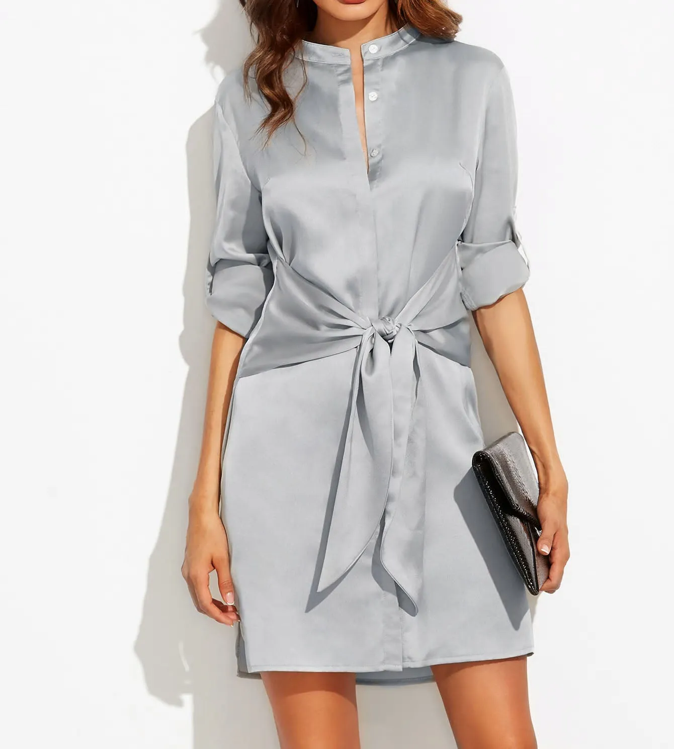 Grey Silk Dress Tie Waist