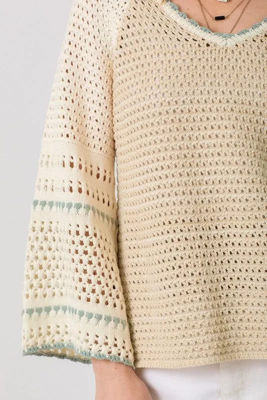 Joslin Long Bell Sleeve Crochet Knit Sweater Top Taupe
