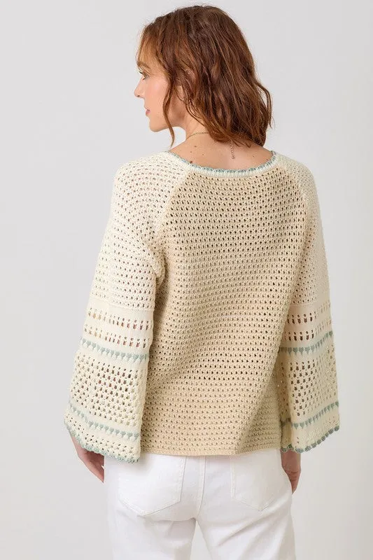 Joslin Long Bell Sleeve Crochet Knit Sweater Top Taupe