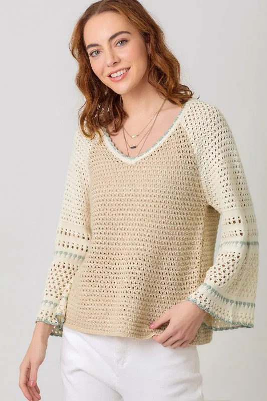 Joslin Long Bell Sleeve Crochet Knit Sweater Top Taupe