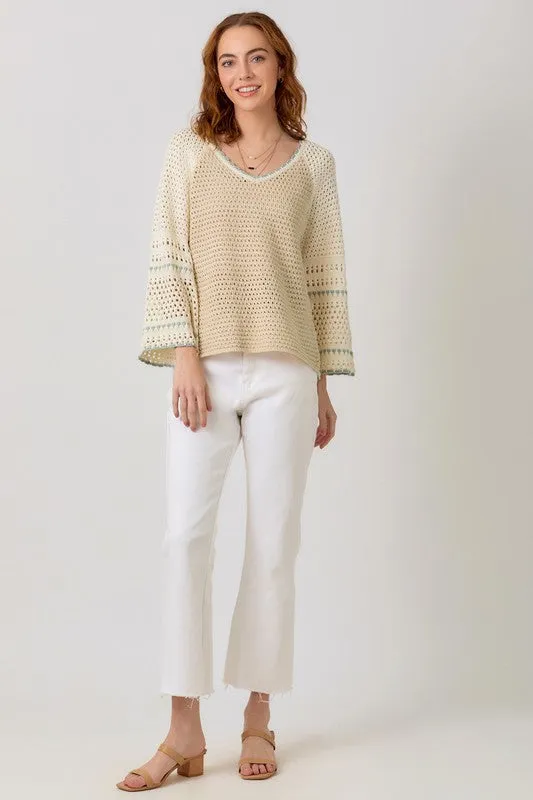 Joslin Long Bell Sleeve Crochet Knit Sweater Top Taupe