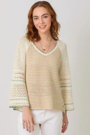 Joslin Long Bell Sleeve Crochet Knit Sweater Top Taupe