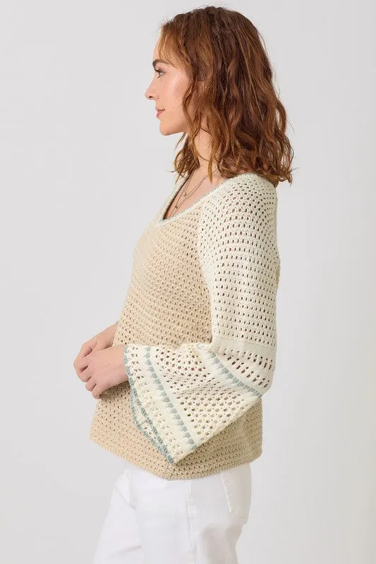 Joslin Long Bell Sleeve Crochet Knit Sweater Top Taupe