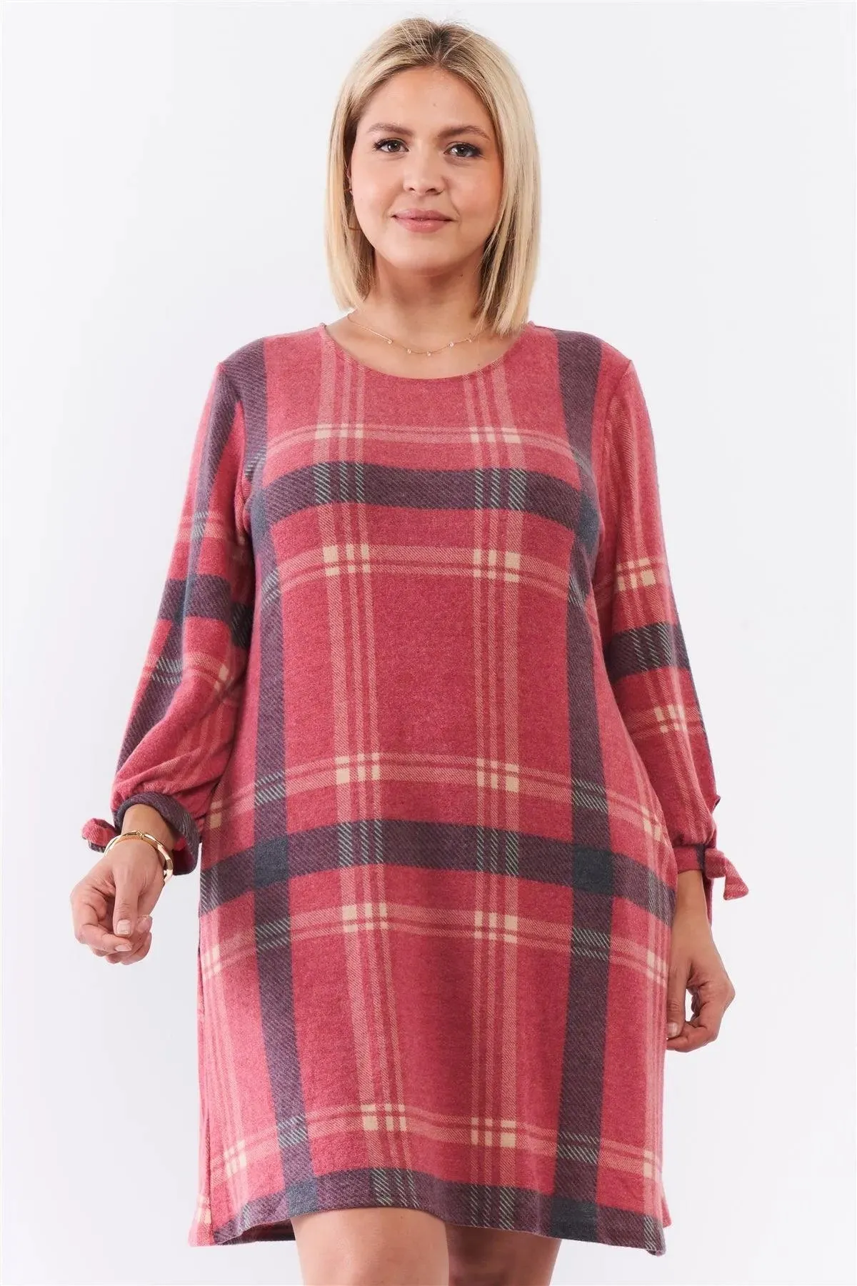Junior Plus Retro Red Plaid Bow Detail Midi Sleeve Relaxed Soft Mini Dress /2-2-1