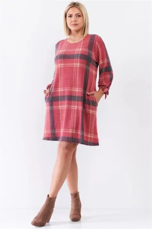 Junior Plus Retro Red Plaid Bow Detail Midi Sleeve Relaxed Soft Mini Dress /2-2-1