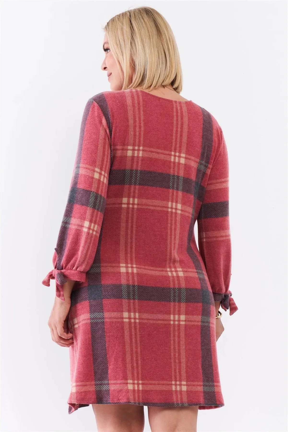 Junior Plus Retro Red Plaid Bow Detail Midi Sleeve Relaxed Soft Mini Dress /2-2-1