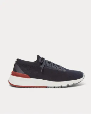 Leather-Trimmed Stretch-Knit  Navy low top sneakers