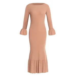 MARJORIE Ruffle Rib Dress - Camel Brown