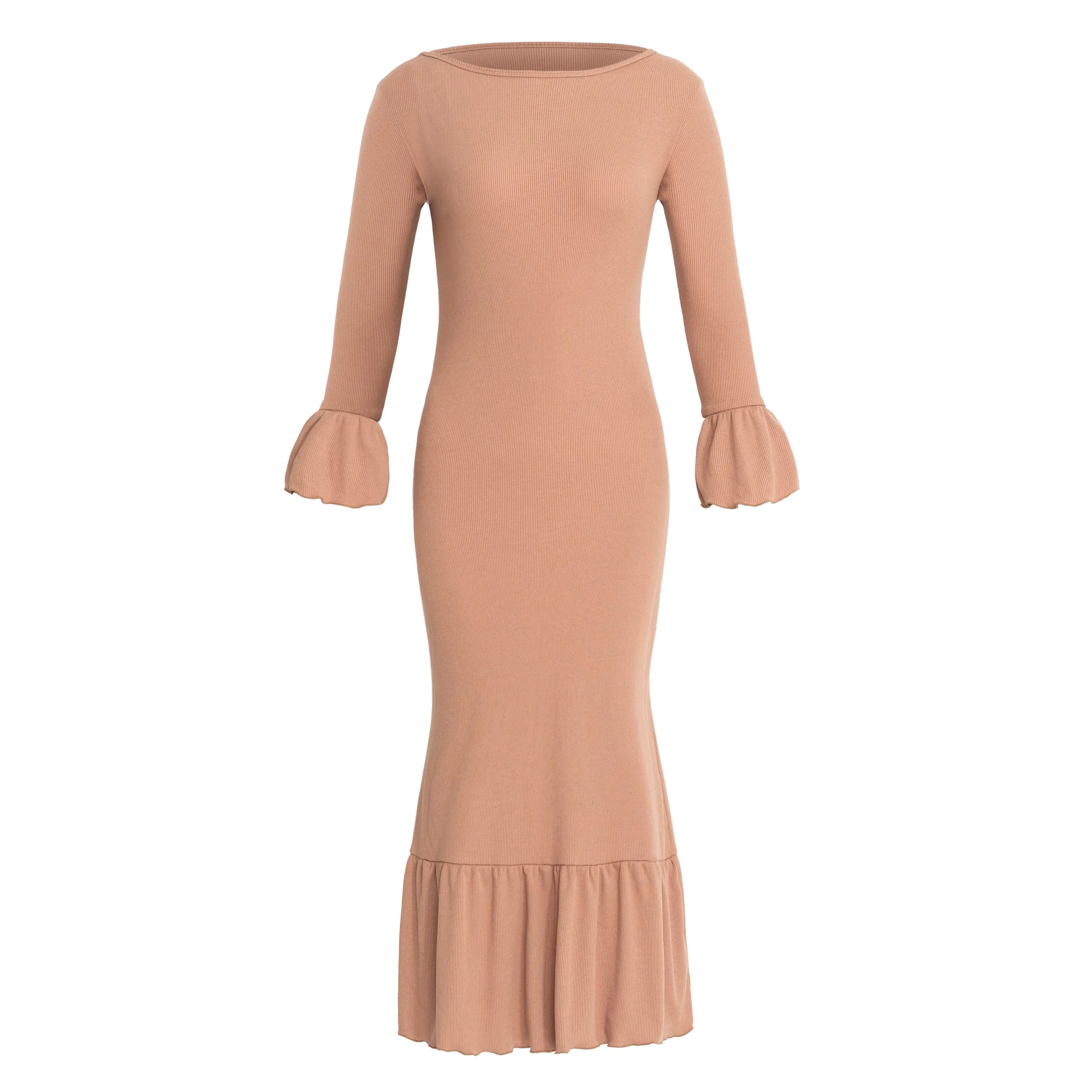 MARJORIE Ruffle Rib Dress - Camel Brown