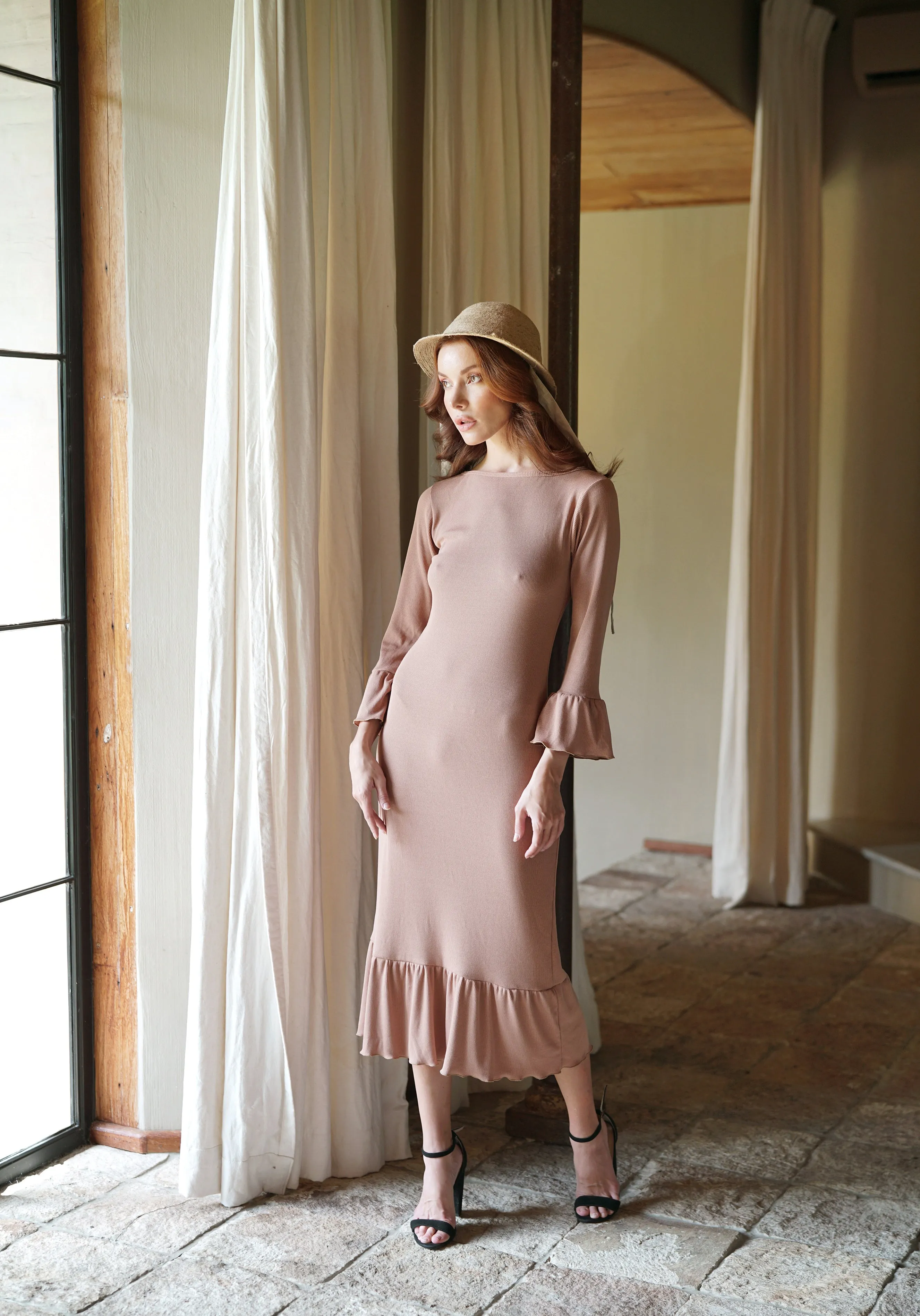 MARJORIE Ruffle Rib Dress - Camel Brown