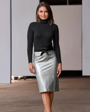 Metallic Faux Leather Front Slit Skirt Silver