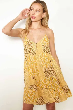 MUSTARD FLOWER PATCH PRINT BABYDOLL TANK DRESS