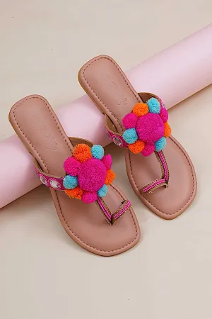 Pink Pom Pom Kolhapuri Flats